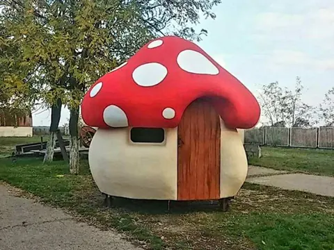 Mushroom shaped house standing on a village street