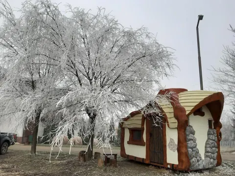 Fairy tale cottage beside a frost covered tree in winter
